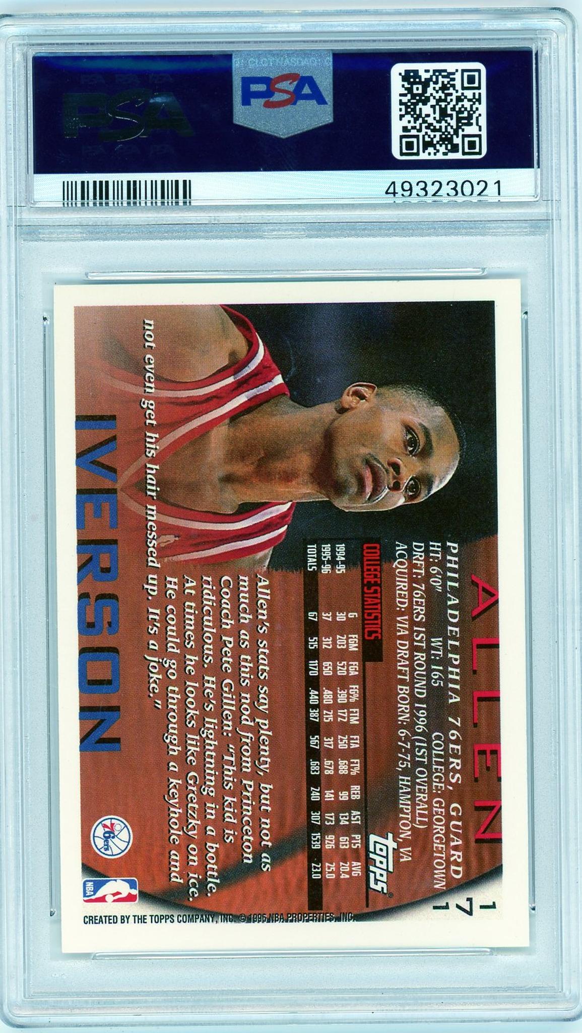 1996 Topps #171 Allen Iverson Rookie PSA 9 Mint Philadelphia 76ers