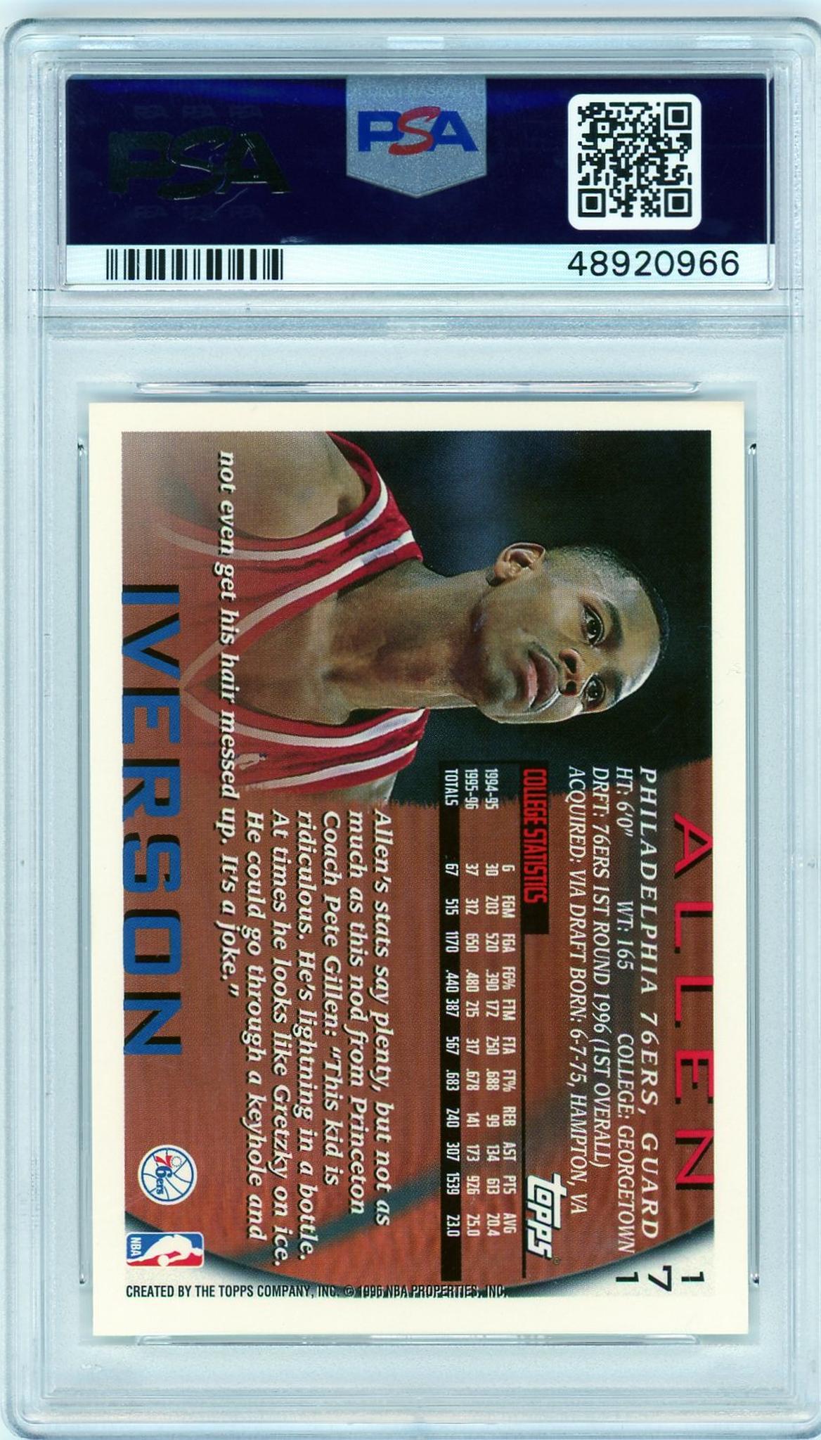 1996 Topps #171 Allen Iverson Rookie PSA 9 Mint Philadelphia 76ers