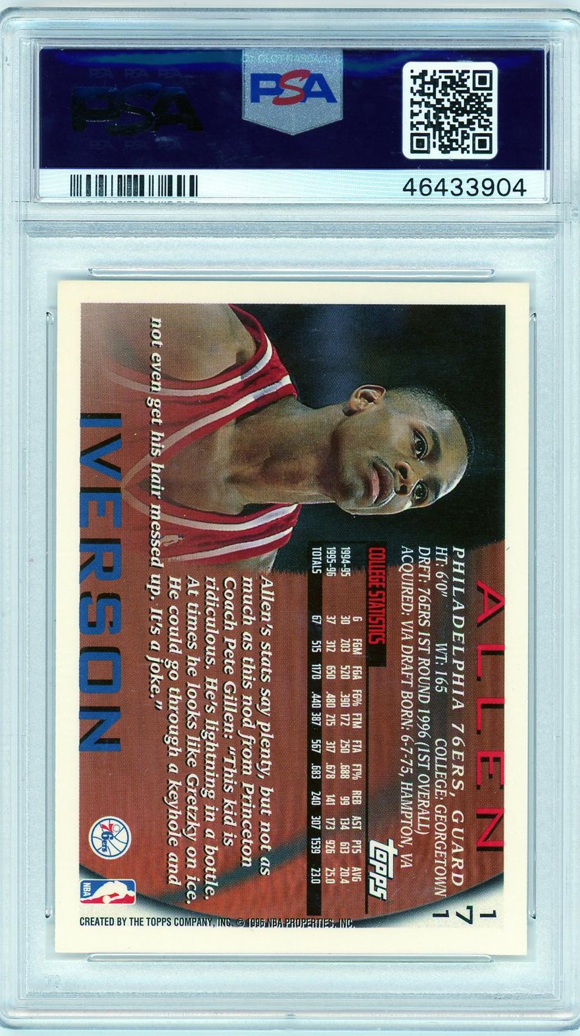 1996 Topps #171 Allen Iverson Rookie PSA 9 Mint Philadelphia 76ers