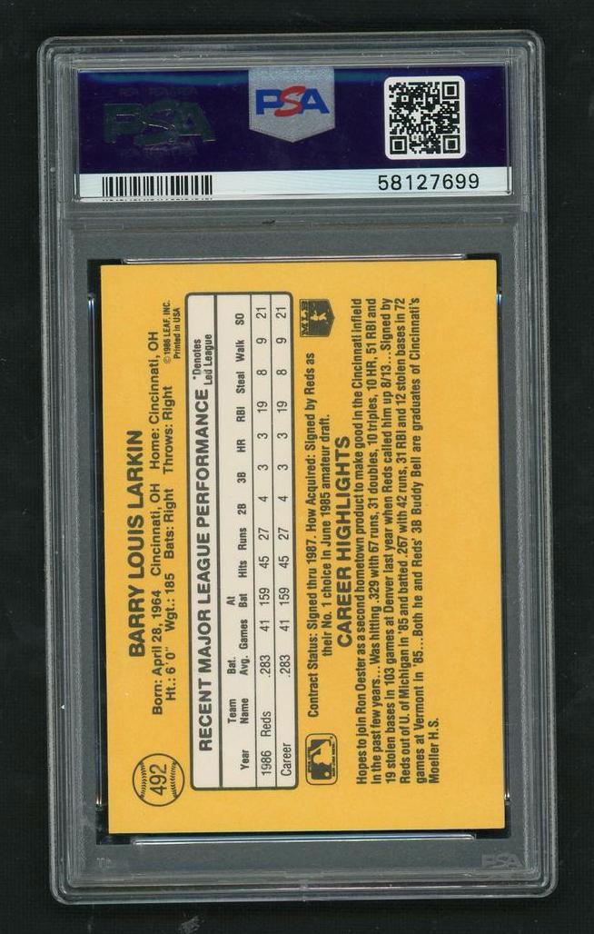1987 Donruss Barry Larkin #492 PSA 10