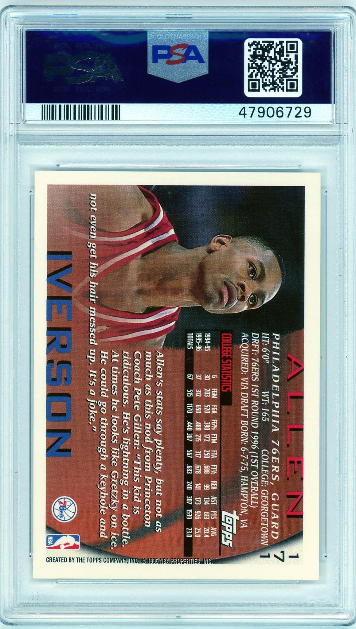 1996 Topps #171 Allen Iverson Rookie PSA 9 Mint Philadelphia 76ers