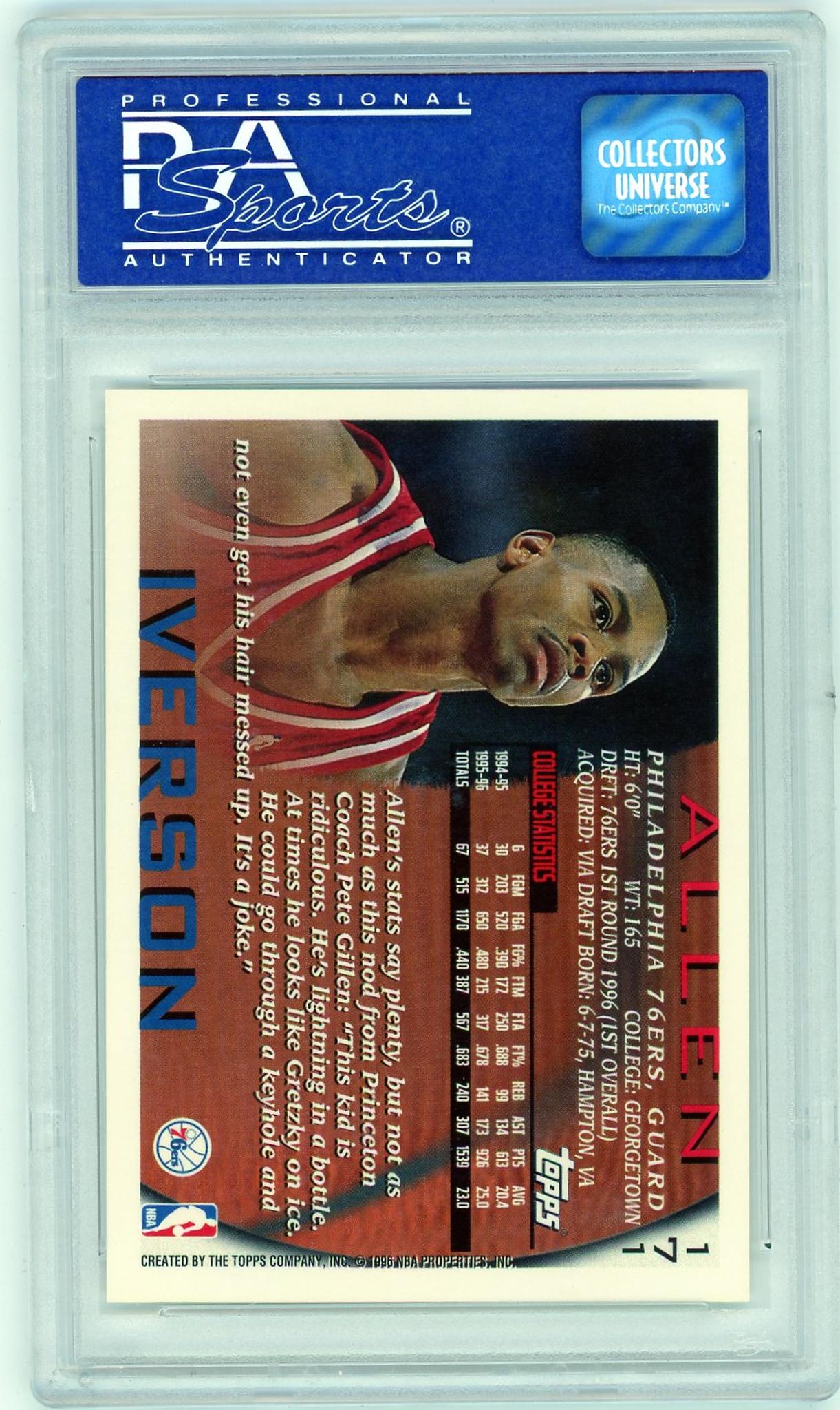 1996 Topps #171 Allen Iverson Rookie PSA 9 Mint Philadelphia 76ers