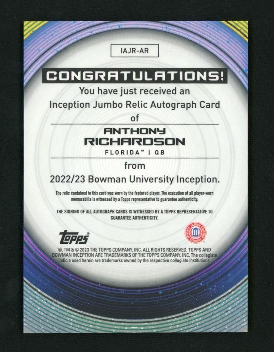2022 Bowman Inception IAJR-AR Anthony Richardson Inception Jumbo Relic Autograph /199 Florida