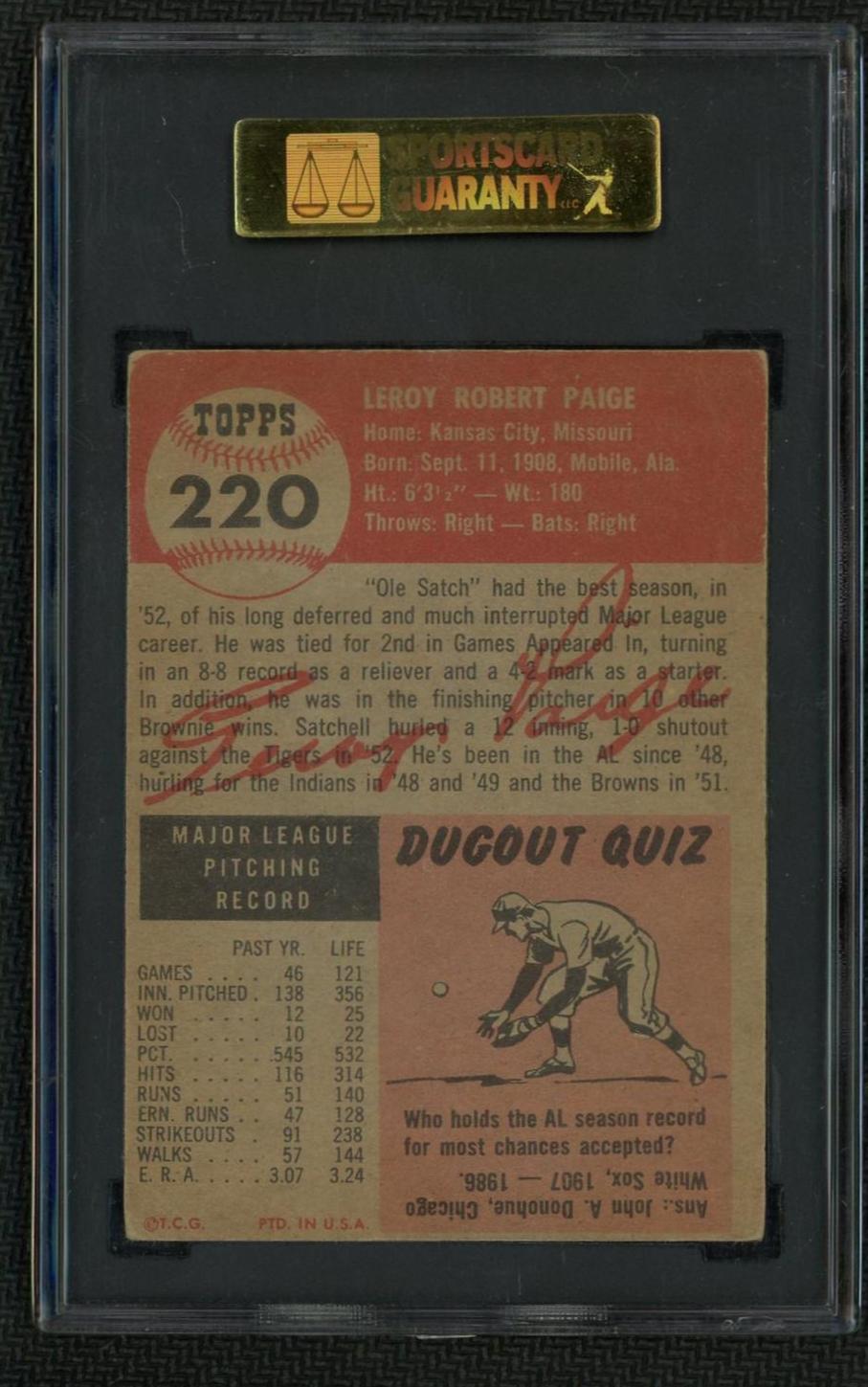 1953 Topps #220 Satchel Paige SGC 3 VG St. Louis Browns