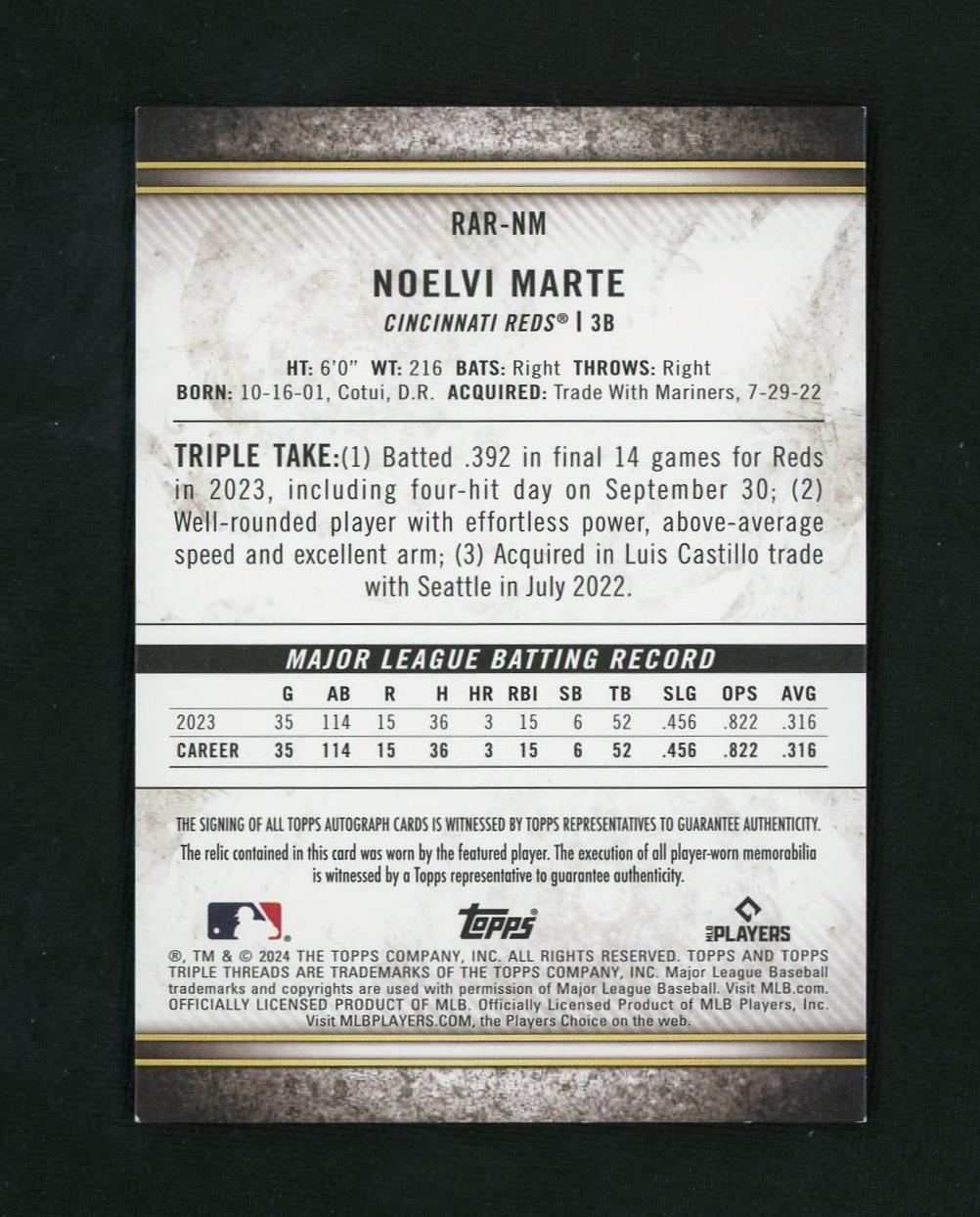 2024 Topps Triple Threads #RAR-NM Noelvi Marte Rookie /75 Jersey Auto