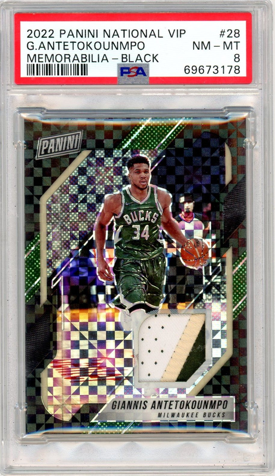 2022 Panini National VIP Black Giannis Antetokounmpo #28 Patch /5 PSA 8