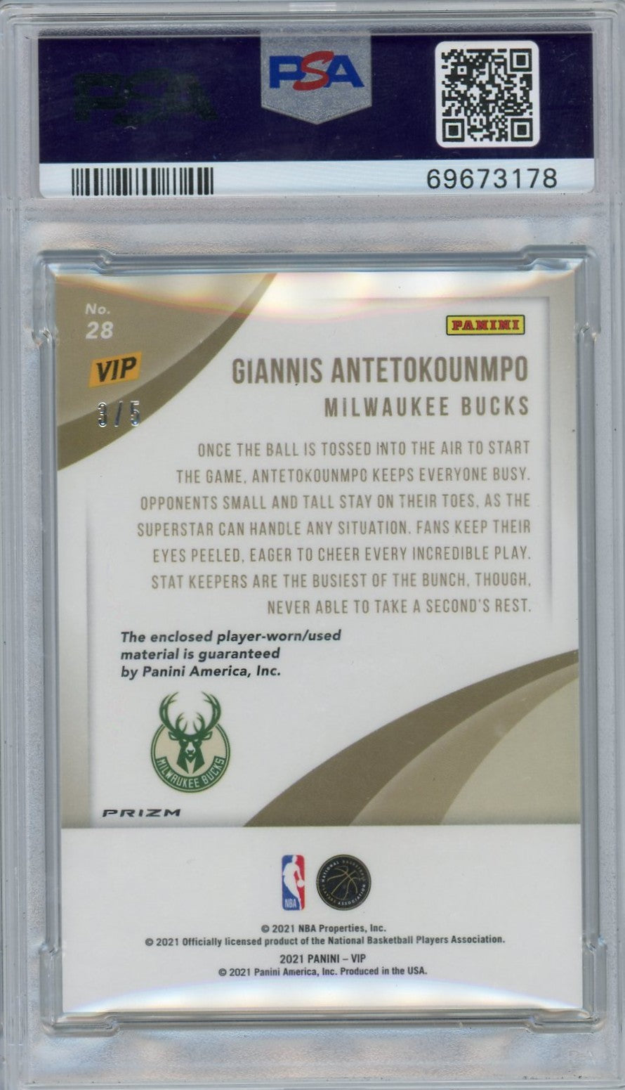 2022 Panini National VIP Black Giannis Antetokounmpo #28 Patch /5 PSA 8