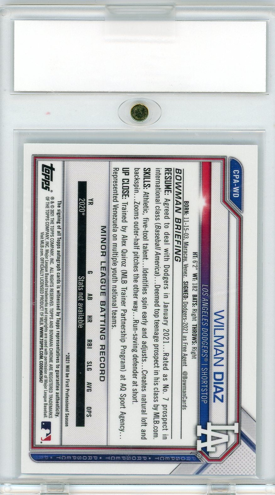 2021 Bowman Chrome Prospect Autograph Atomic Refractor Wilman Diaz #CPAWD /100