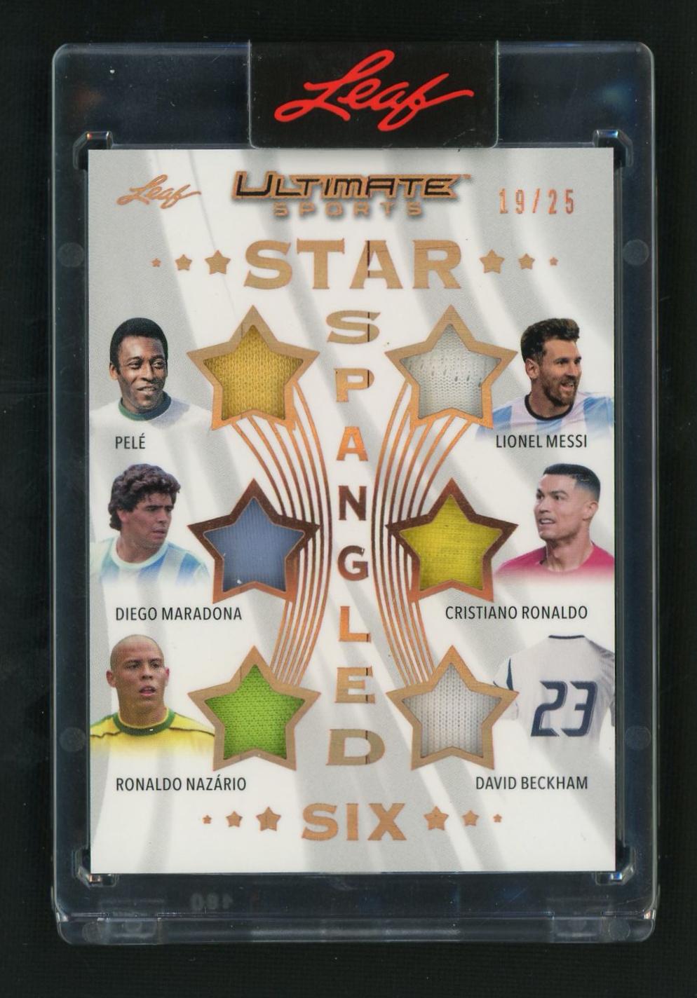 2024 Leaf Ultimate Sports SSS-11 Pelé Diego Maradona Ronaldo Nazário Lionel Messi Cristiano Ronaldo David Beckham Star Spangled Six /25