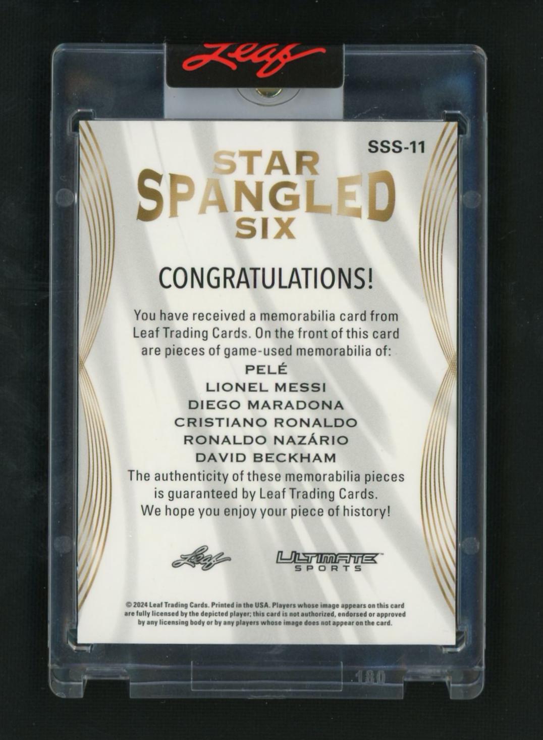 2024 Leaf Ultimate Sports SSS-11 Pelé Diego Maradona Ronaldo Nazário Lionel Messi Cristiano Ronaldo David Beckham Star Spangled Six /25