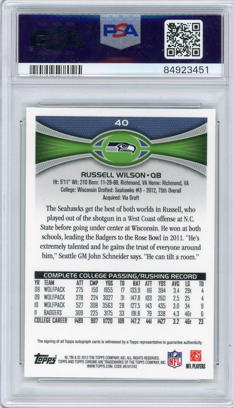 2012 Topps Chrome Green Russell Wilson #40 RC Auto PSA 9 Auto 10