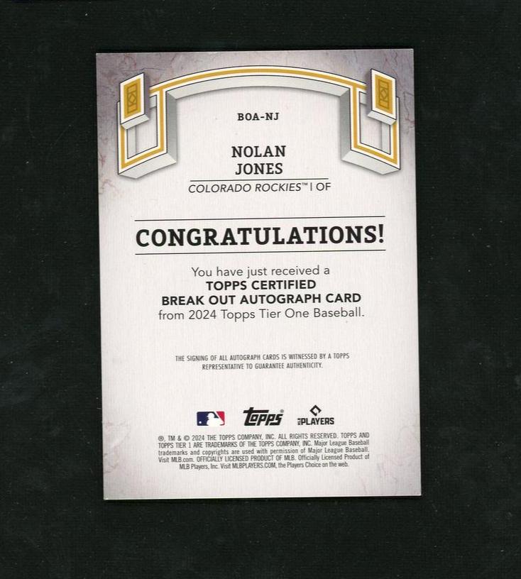 2024 Topps Tier One BOA-NJ Nolan Jones Break Out Autograph Green 49/49 Colorado Rockies