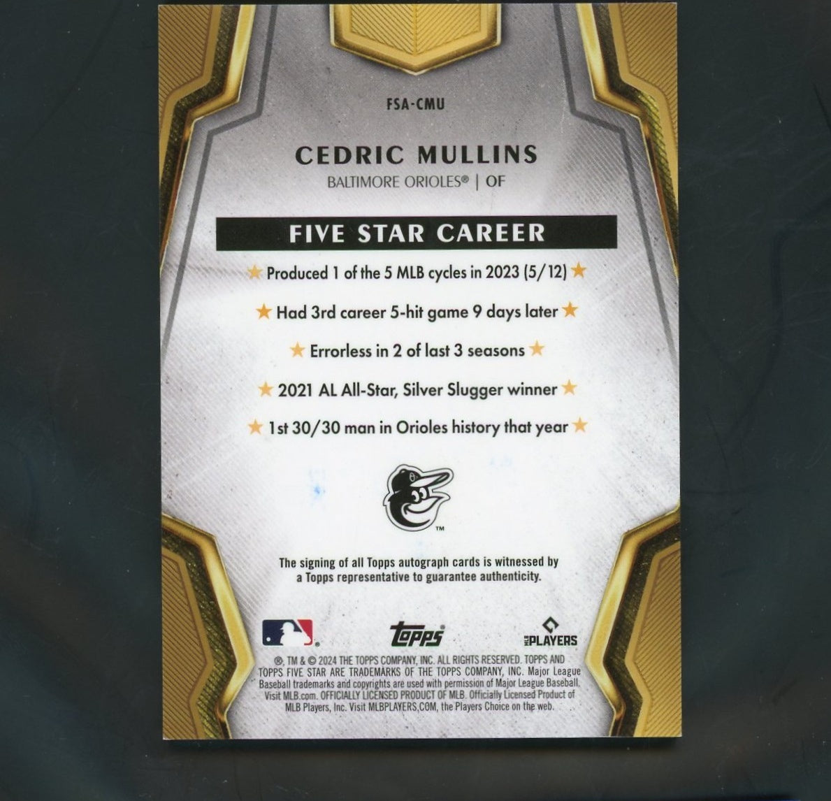 2024 Topps Five Star Cedric Mullins Career /10 Auto Baltimore Orioles