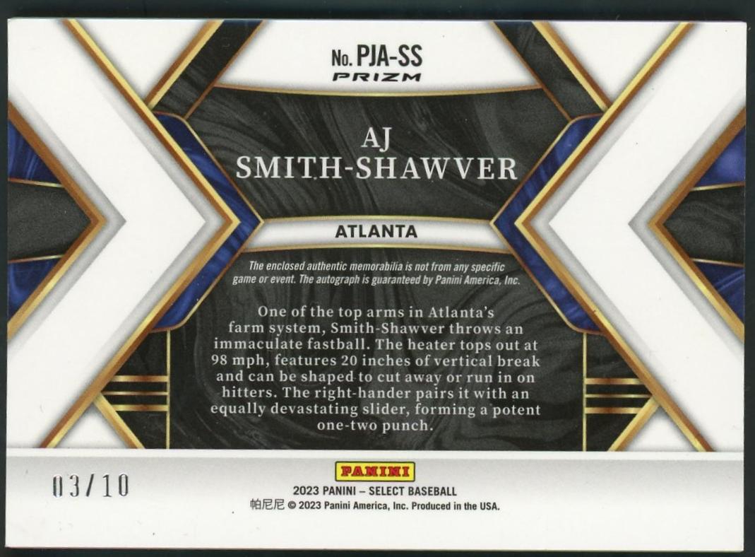 2023 Panini Select AJ Smith-Shawver Prizm Rookie /10 Patch Auto Gold