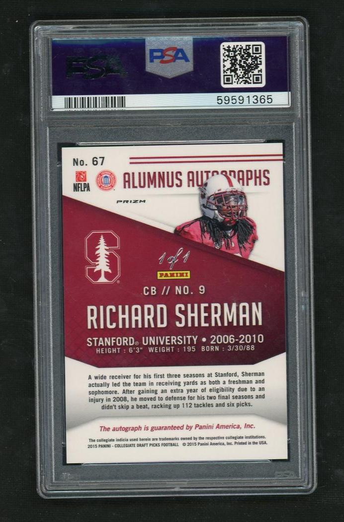 2015 Panini Prizm Camo Richard Sherman #67 Auto 1/1 PSA 10