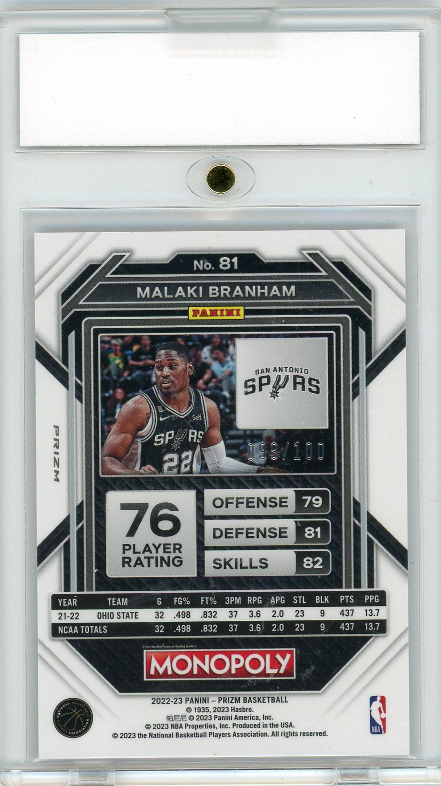 2022 Panini Prizm Monopoly Red Money Shimmer Rookie Malaki Branham /100