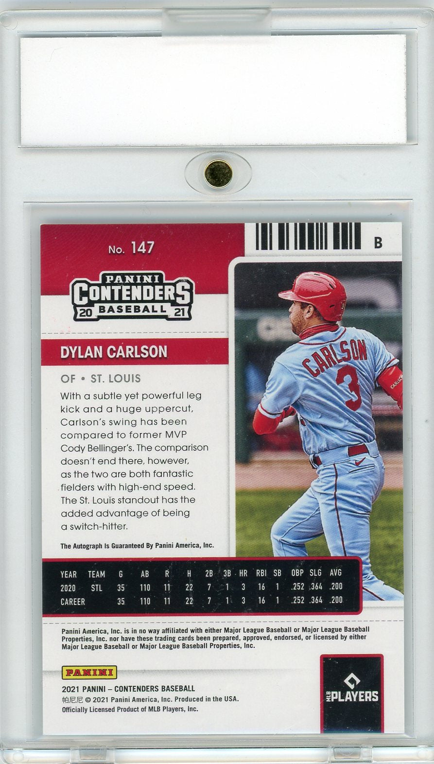 2021 Panini Contenders Draft Ticket Dylan Carlson #147 RC Auto /75