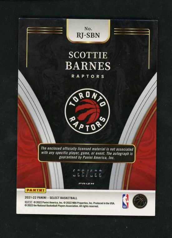 2021 Panini Select RJ-SBN Scottie Barnes Rookie /199 Toronto Raptors Auto