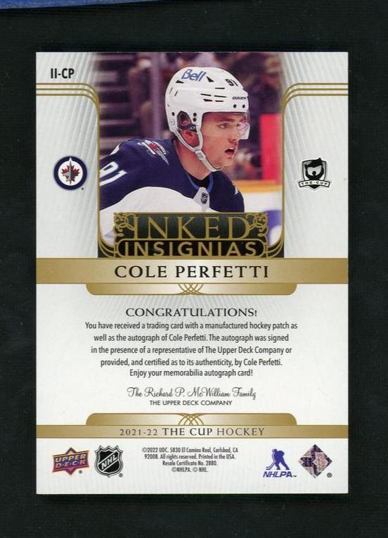 2021-22 Upper Deck The Cup Inked Insignias Cole Perfetti #II-CP Patch Auto /75