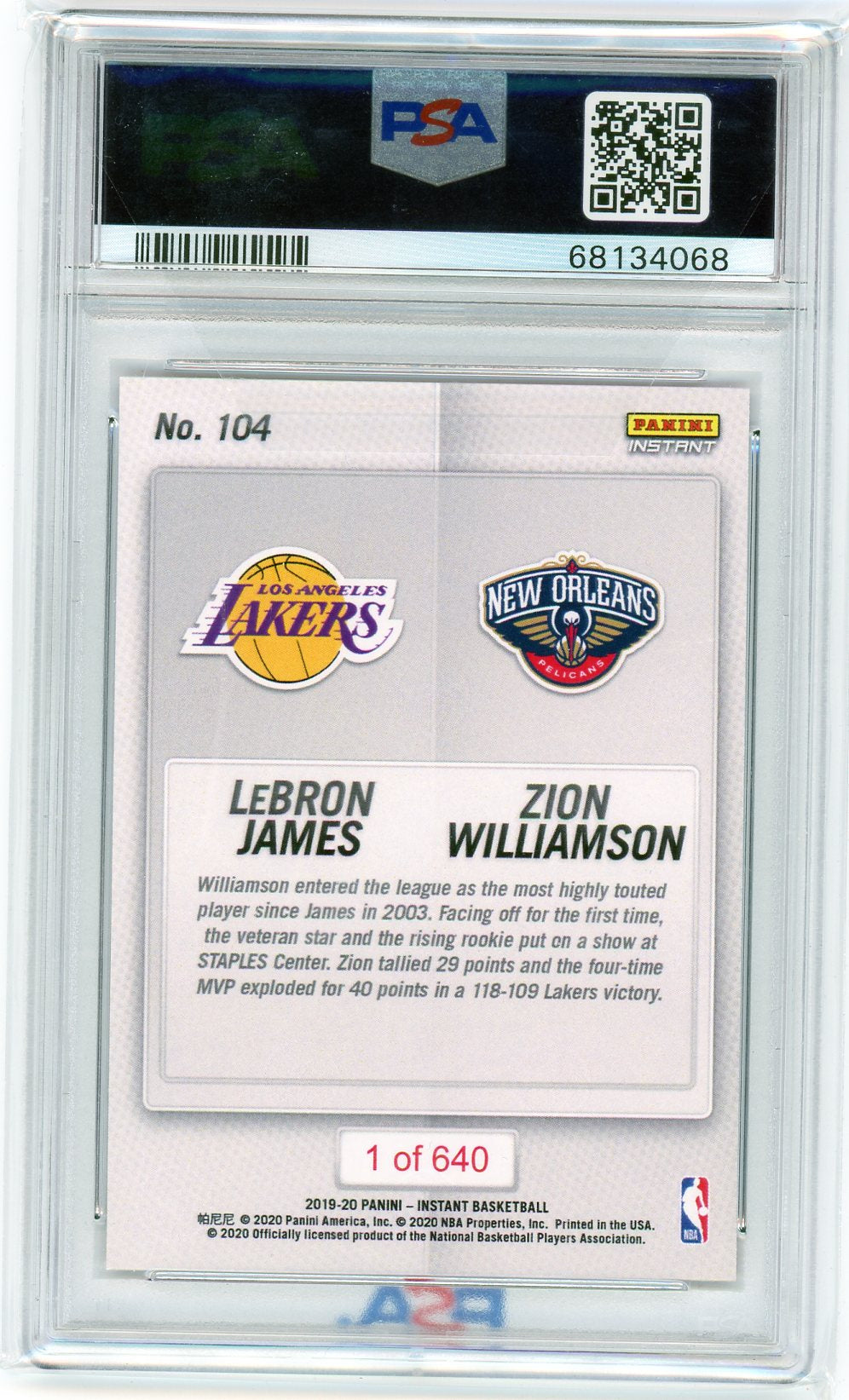 2019 Panini Instant #104 LeBron James/Zion Williamson PSA 10