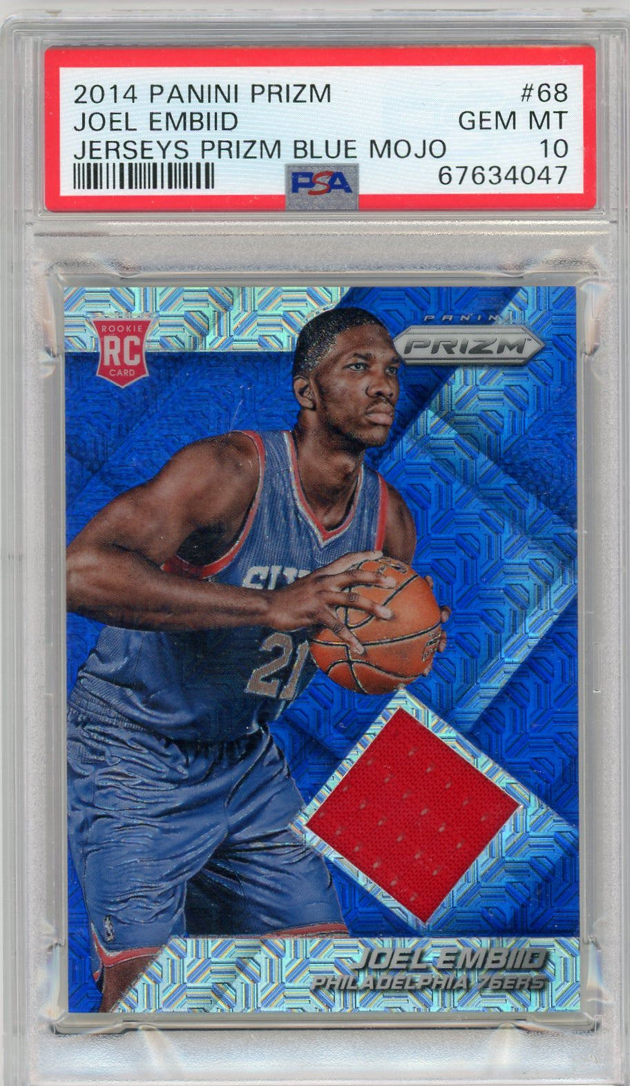2014 Panini Prizm Blue Mojo Joel Embiid #68 RC Jersey PSA 10