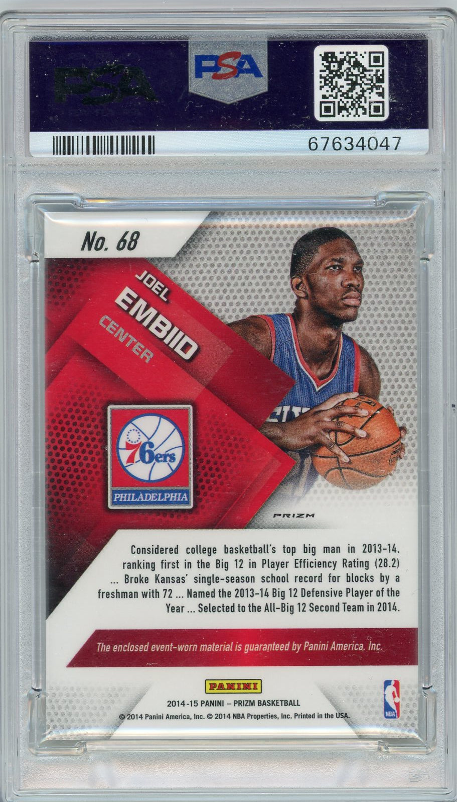 2014 Panini Prizm Blue Mojo Joel Embiid #68 RC Jersey PSA 10