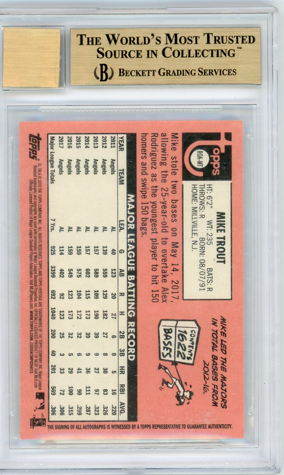 2018 Topps Heritage Real One Mike Trout #ROAMT Auto BGS 9.5 Auto 10