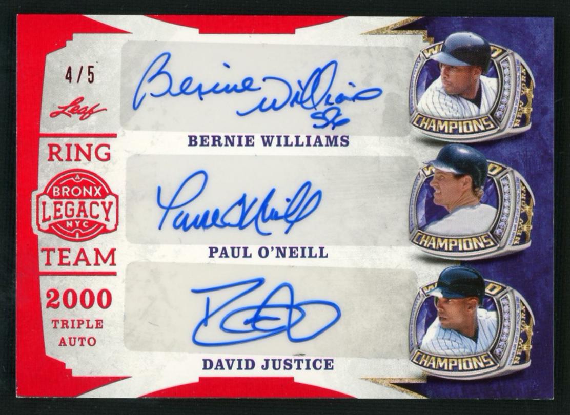 2022 Leaf Bronx Legacy RT3-7 Bernie Williams Paul O'Neill David Justice Ring Team Triple Autograph /5