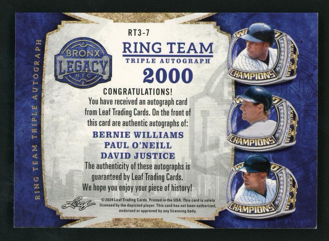 2022 Leaf Bronx Legacy RT3-7 Bernie Williams Paul O'Neill David Justice Ring Team Triple Autograph /5