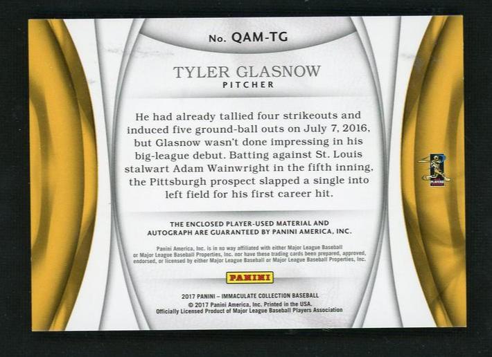 2017 Panini Immaculate QAM-TG Tyler Glasnow /49 Pittsburgh Auto