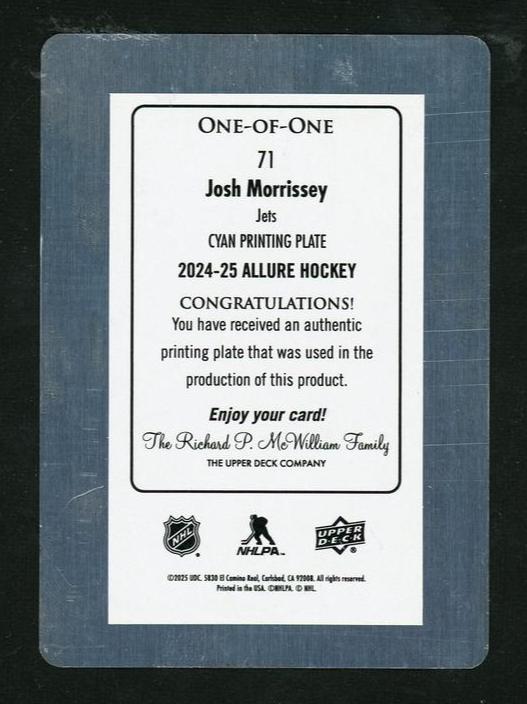 2024-25 Upper Deck Allure Cyan Printing Plate Josh Morrissey #71 1/1