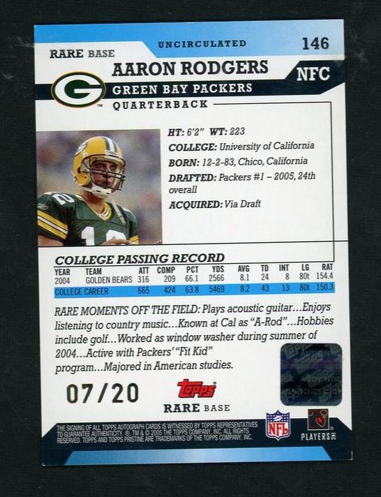 2005 Topps Pristine Uncirculated Rare Base Aaron Rodgers #146 Auto /20