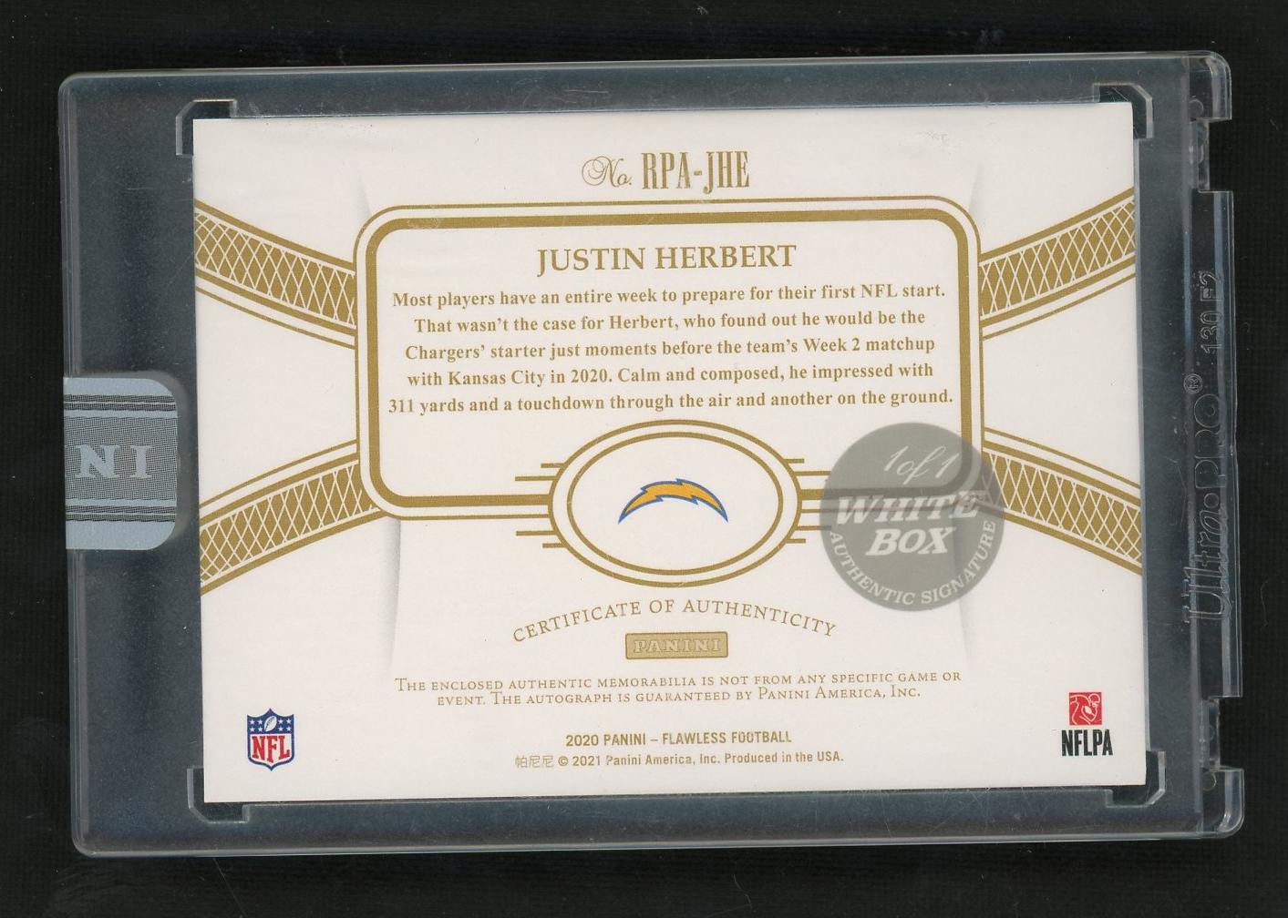 2020 Panini Flawless Justin Herbert #RPA-JHE RC RPA 1/1 White Box