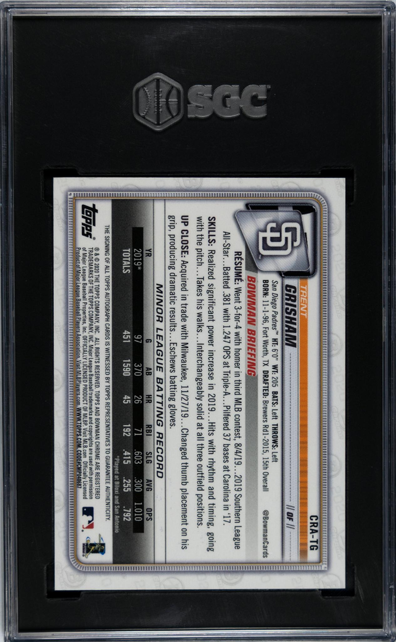 2020 Bowman Chrome #CRA-TG Trent Grisham Blue Refractor /150 SGC 9.5