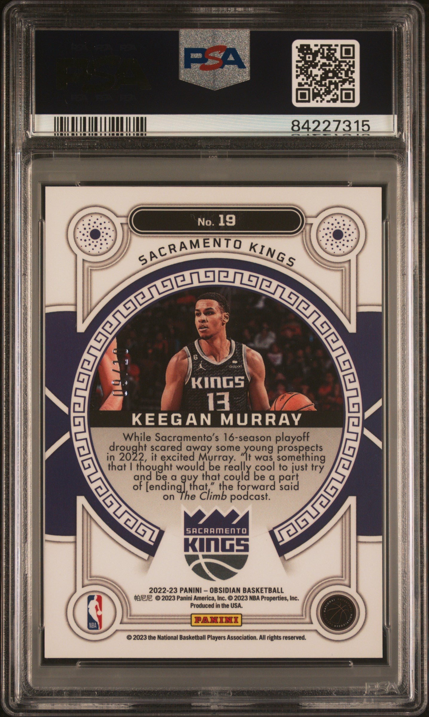 2022 Panini Obsidian Orbital #19 Keegan Murray Electric Etch Yellow Flood PSA 9