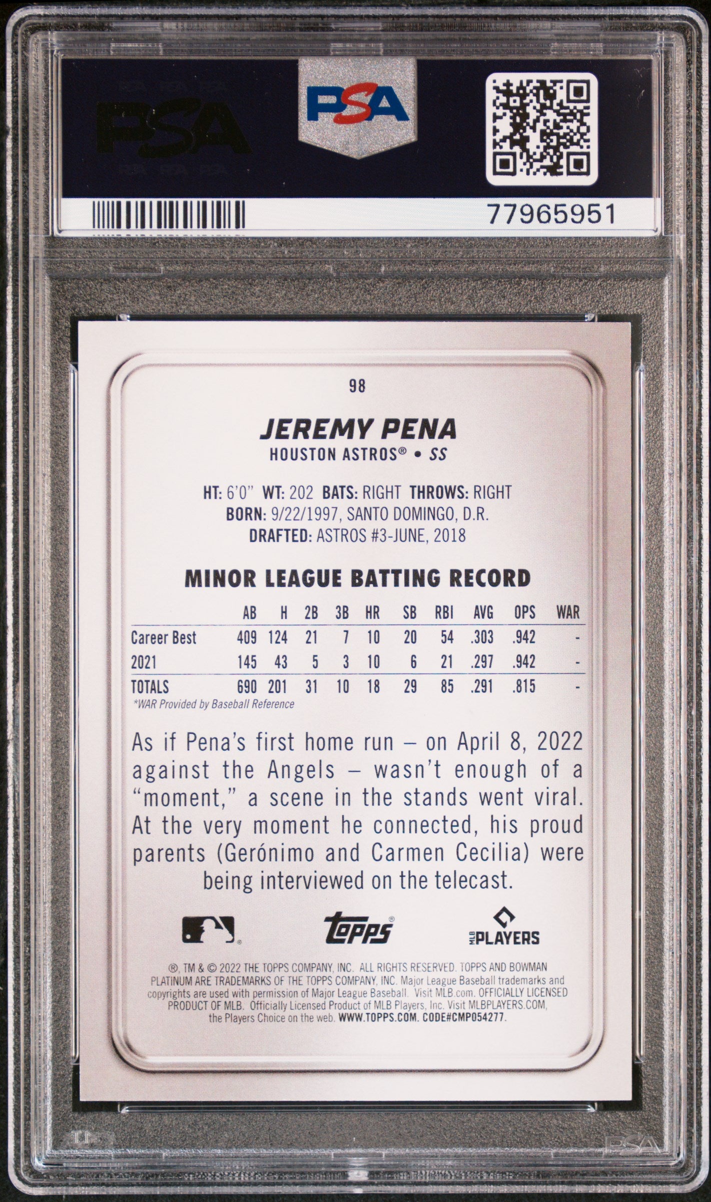 2022 Bowman Platinum #98 Jeremy Pena Aqua Ice Foilboard /250 PSA 10 RC