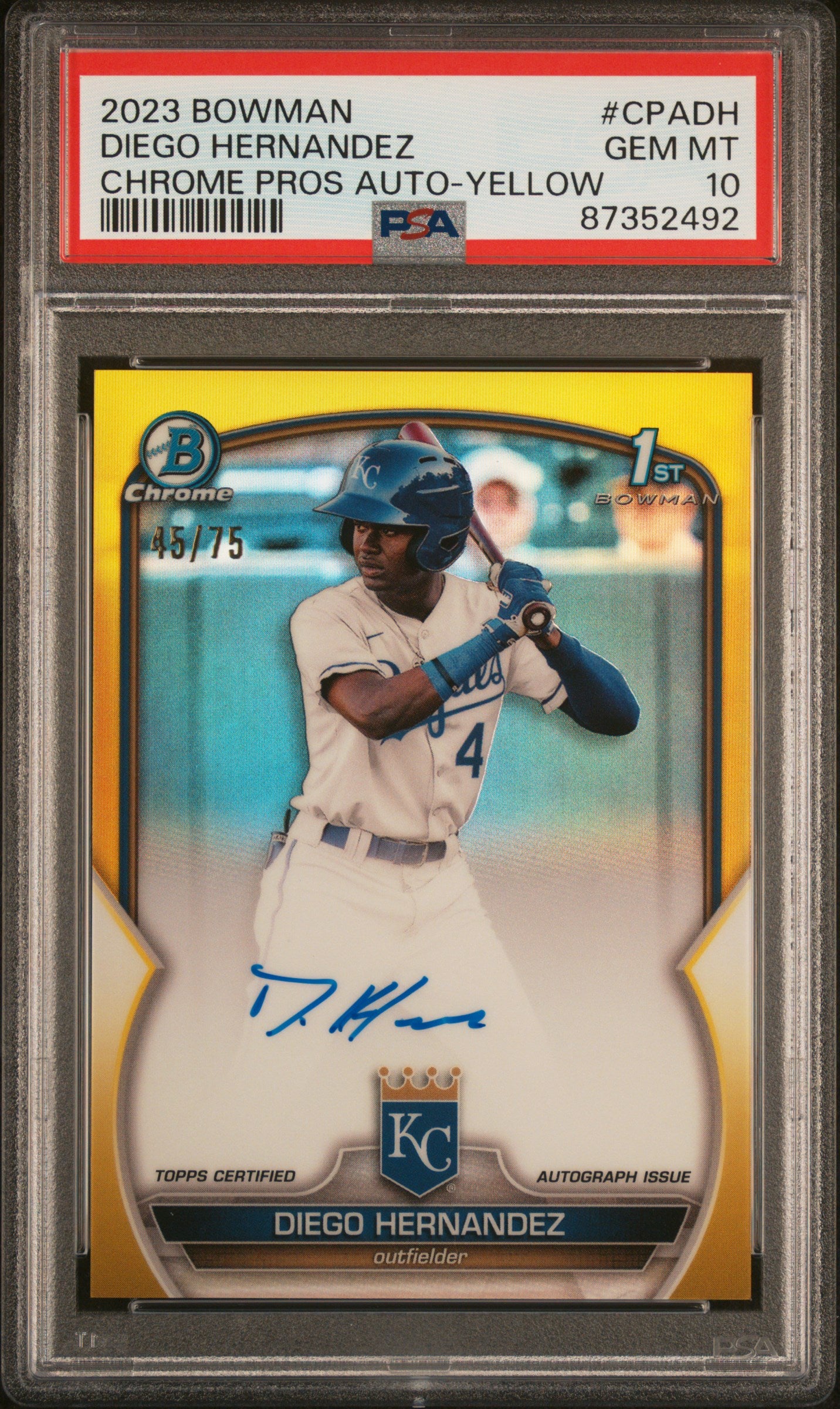 2023 Bowman Chrome #CPADH Diego Hernandez Prospect Autograph Yellow Refractor /75 PSA 10