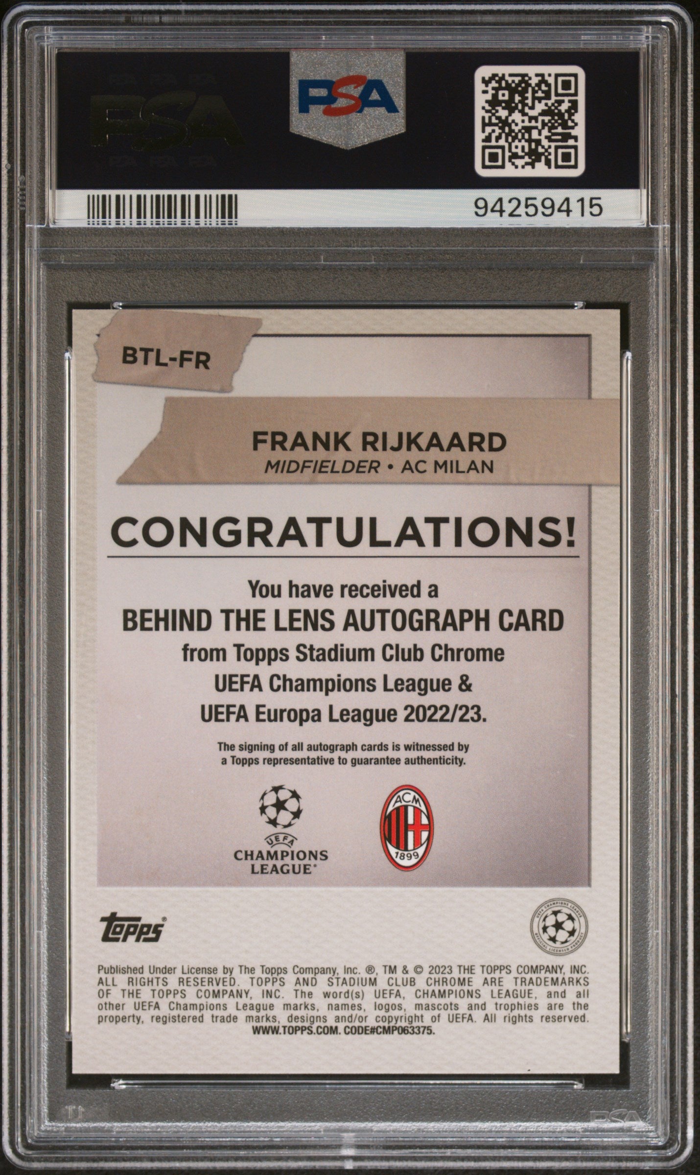 2022 Topps Stadium Club Chrome Behind the Lens Auto Frank Rijkaard PSA 8