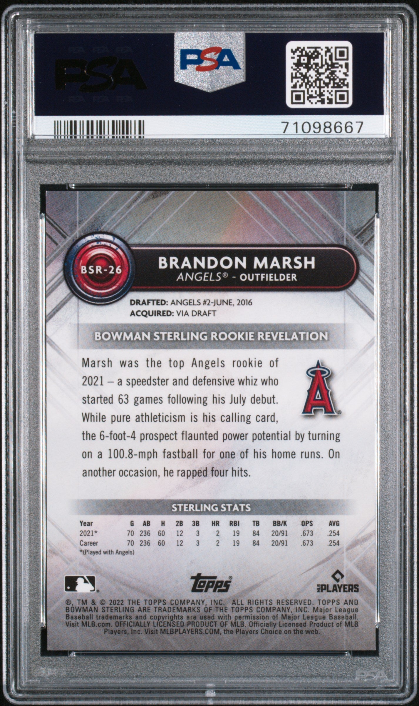 2022 Bowman Sterling Black Atomic Refractor Brandon Marsh #BSR26 RC /10 PSA 10