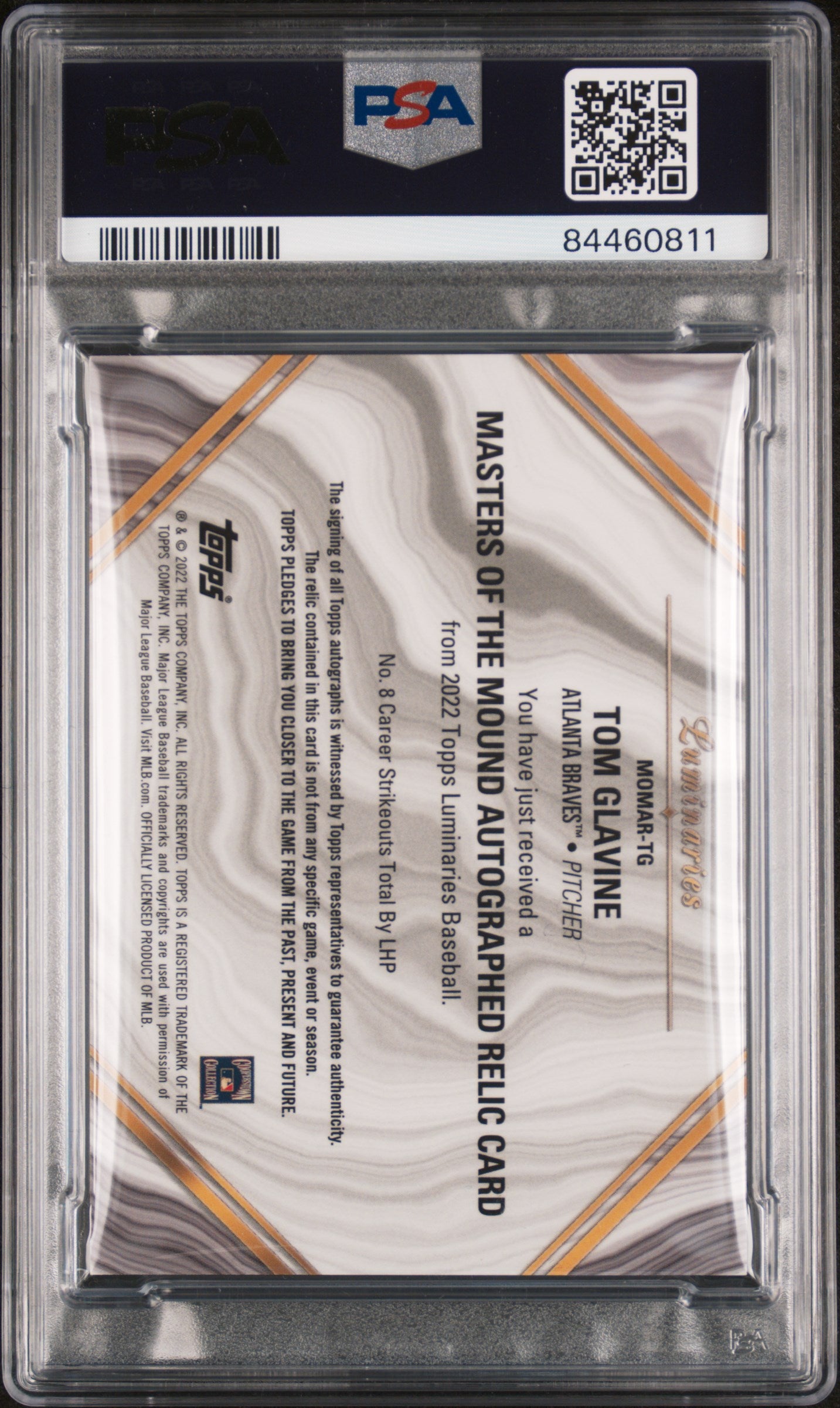 2022 Topps Luminaries Masters of the Mound Auto Relics Tom Glavine /15 PSA 9