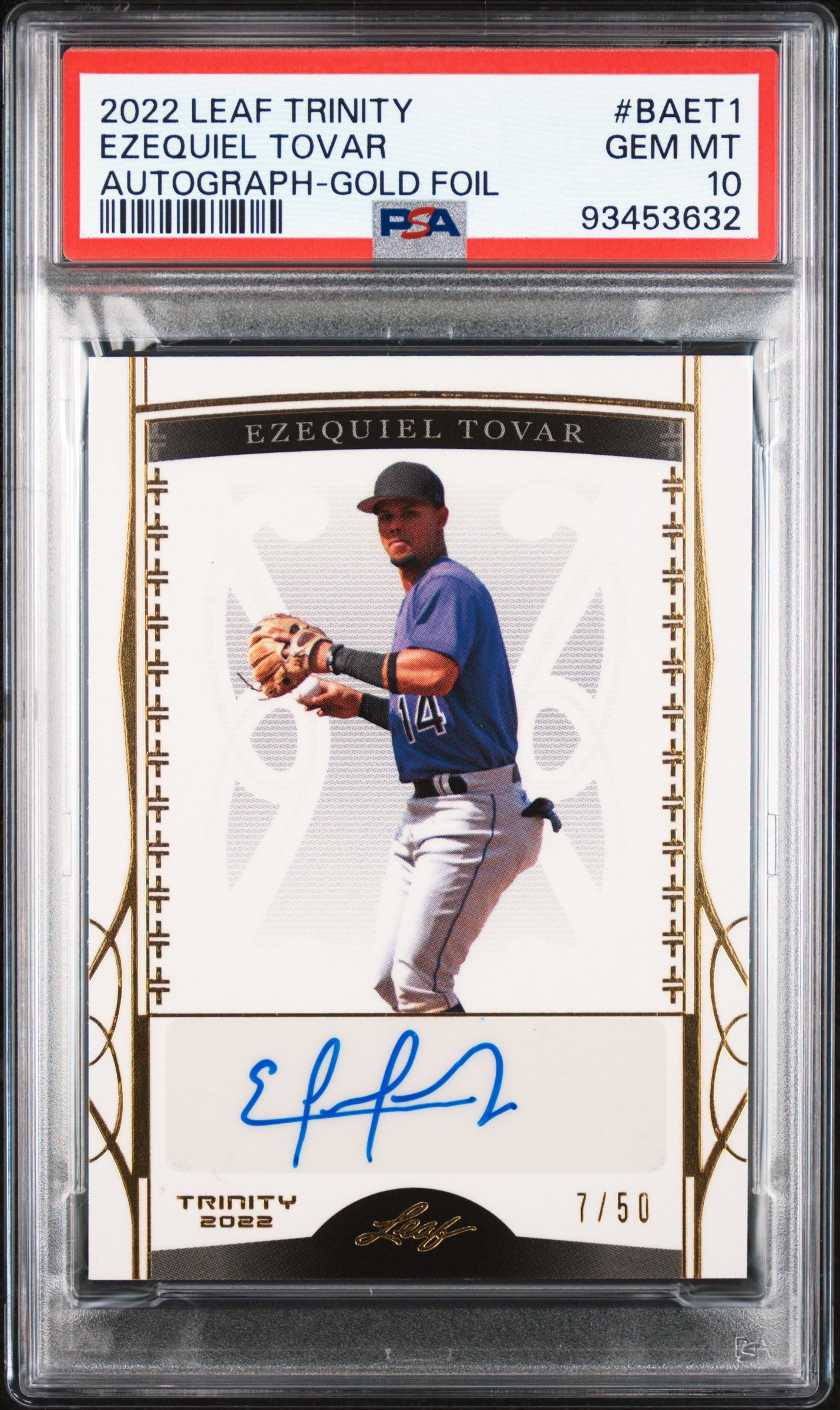 2022 Leaf Trinity Autograph Gold Foil Ezequiel Tovar /50 #BAET1 PSA 10