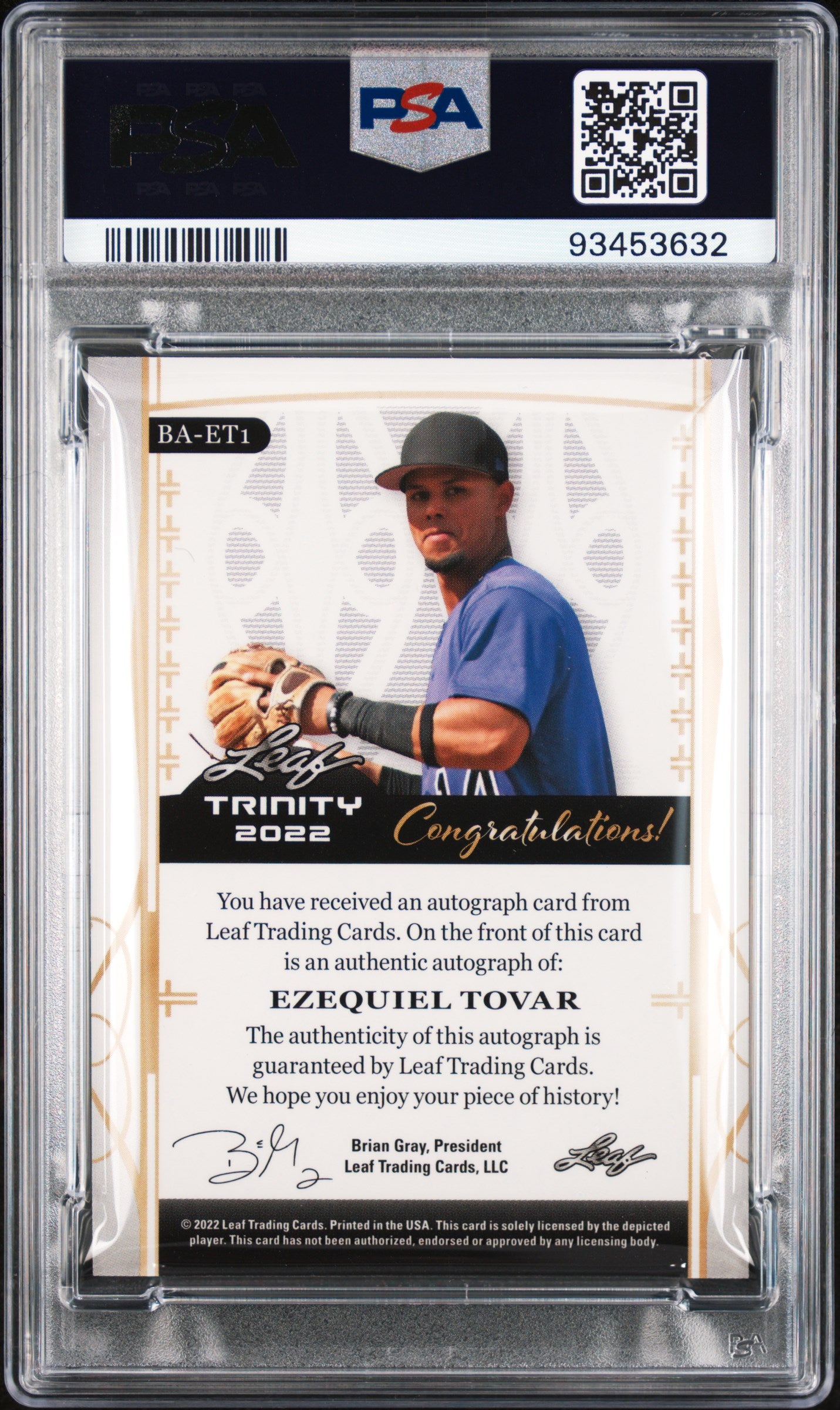 2022 Leaf Trinity Autograph Gold Foil Ezequiel Tovar /50 #BAET1 PSA 10