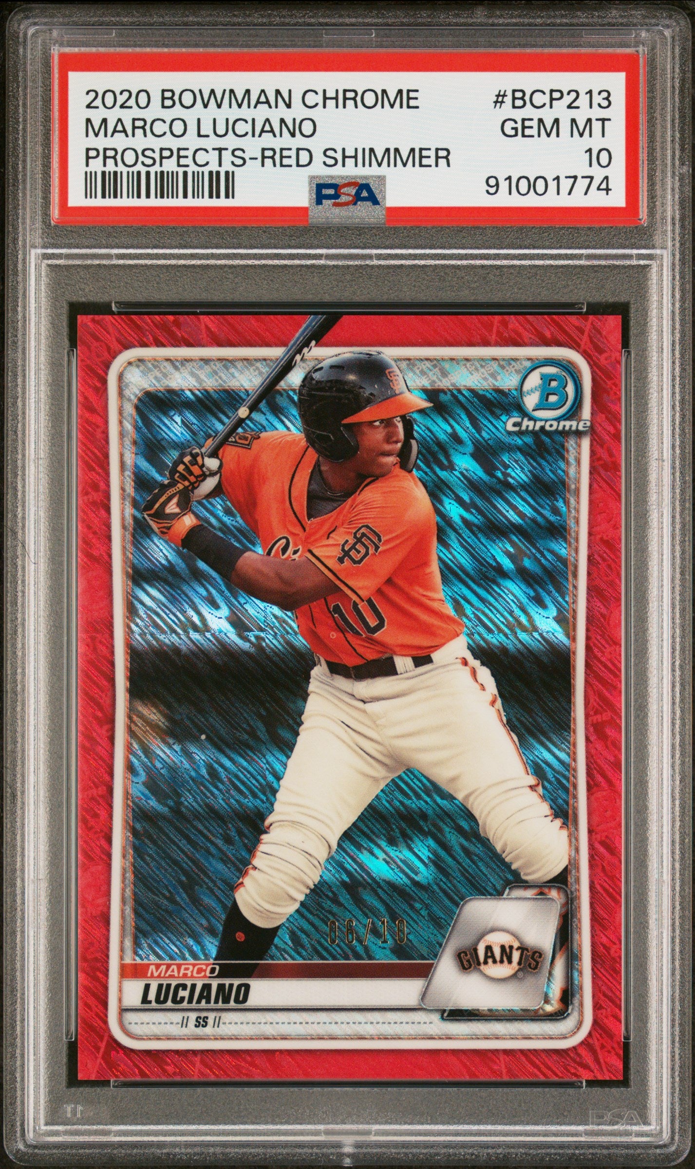 2020 Bowman Chrome #BCP213 Marco Luciano Prospect Red Shimmer Refractor /5 PSA 10