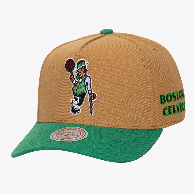 Mitchell & Ness Boston Celtics Tan/Kelly Green Legendary Home Pro Pinch Snapback Hat