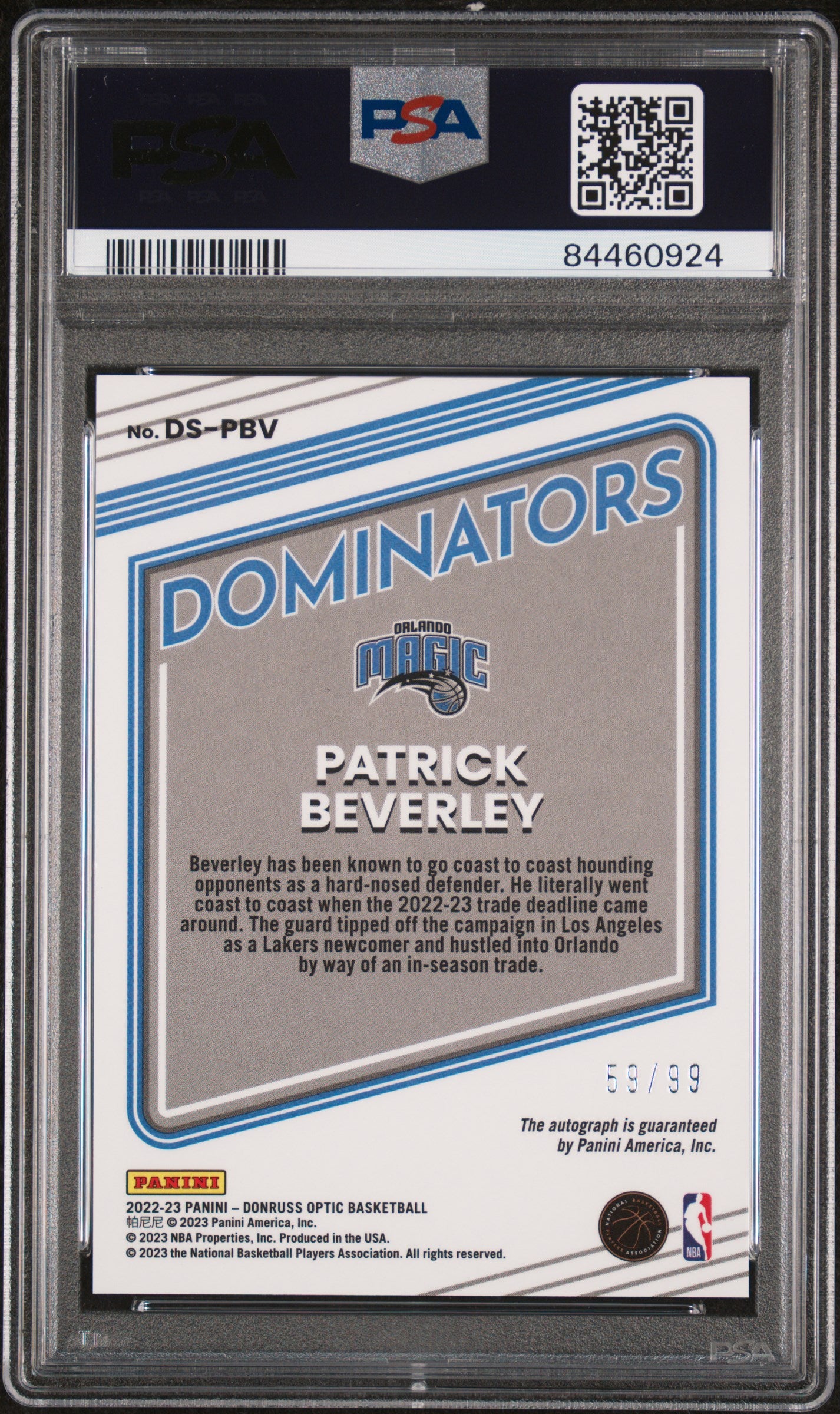 2022 Donruss Optic Dominators Patrick Beverley #DS-PBV Auto /99 PSA 10