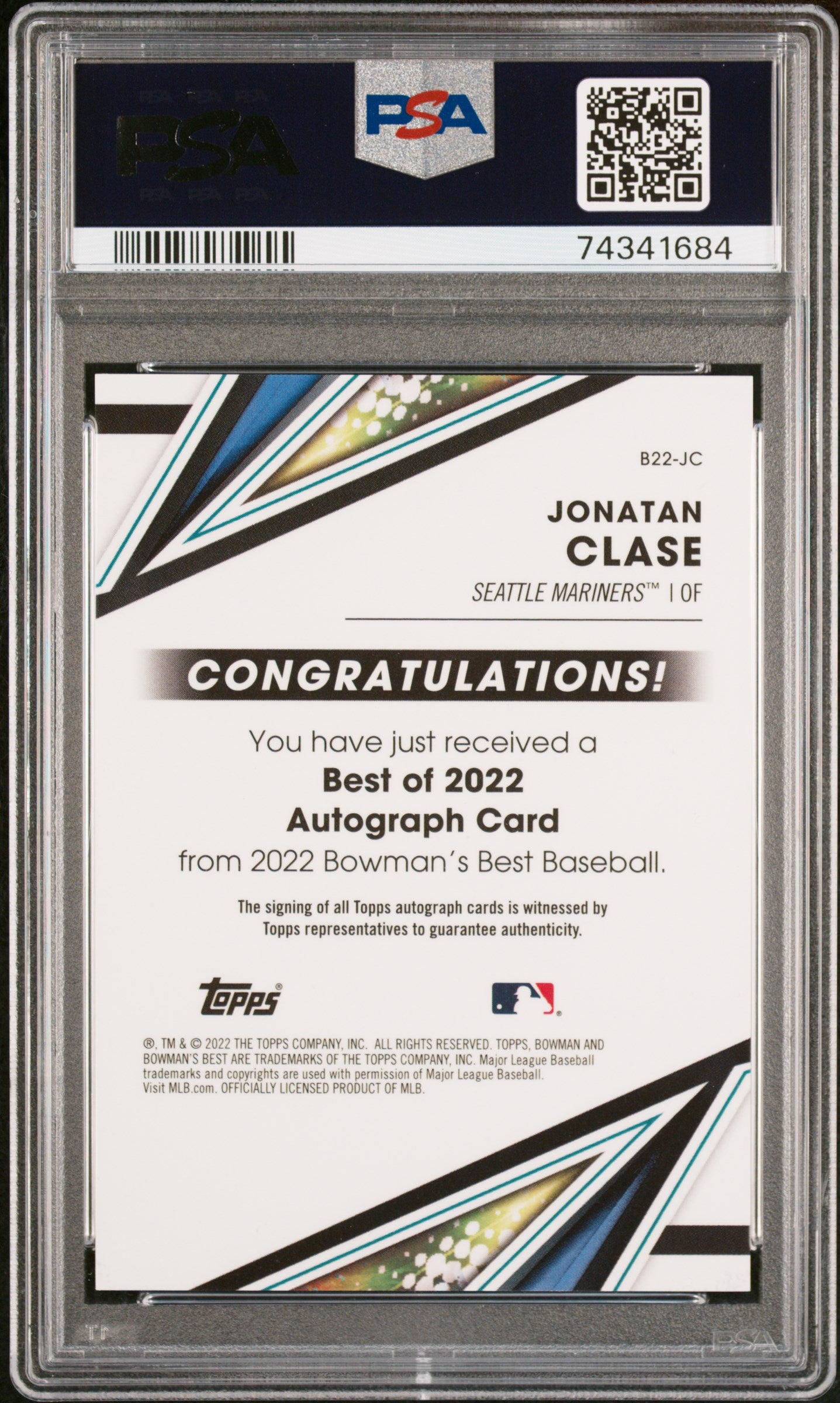 2022 Bowman's Best Autographs Jonatan Clase #B22JC Auto PSA 10