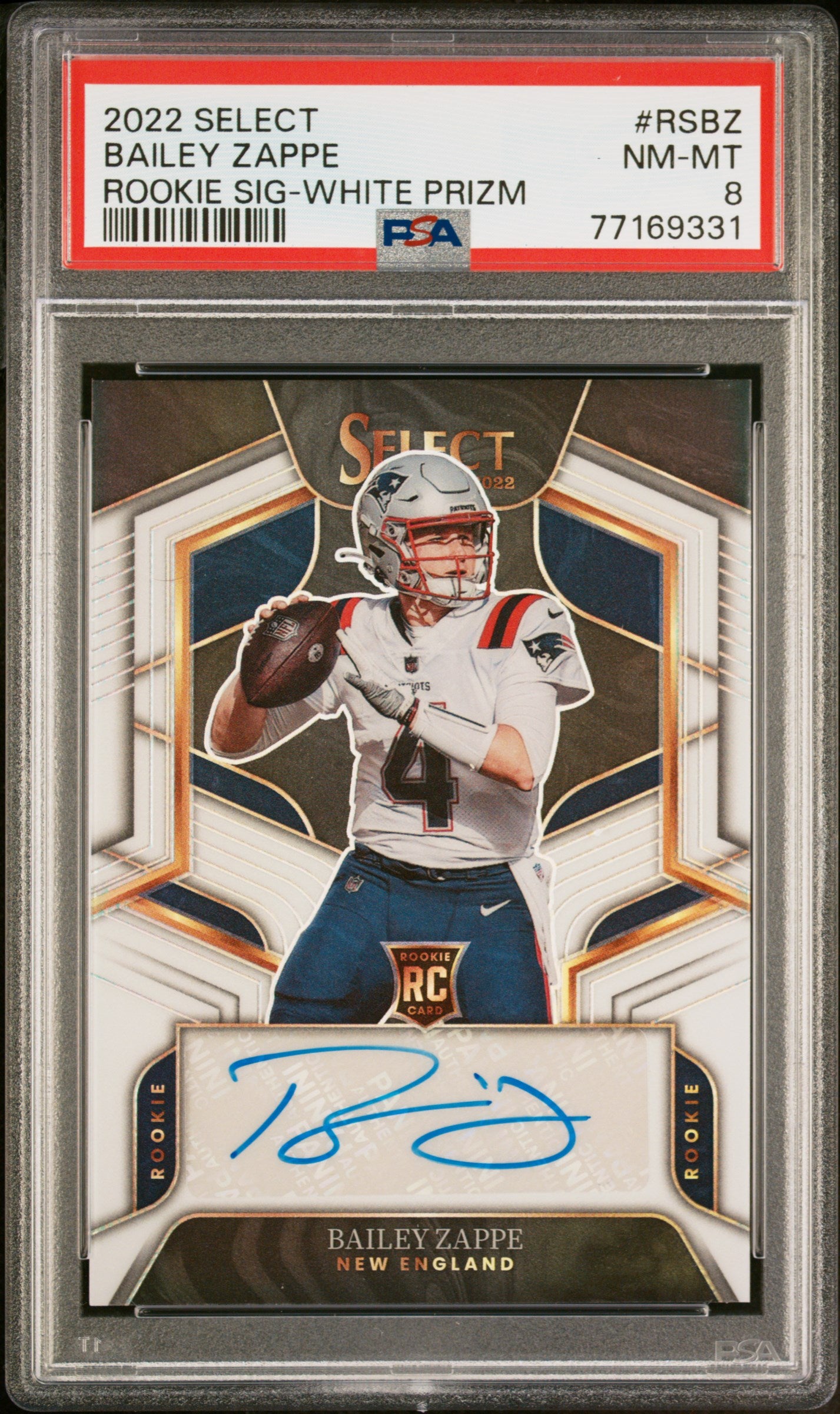 2022 Panini Select White Prizm Bailey Zappe #RSBZ RC Auto /35 PSA 8
