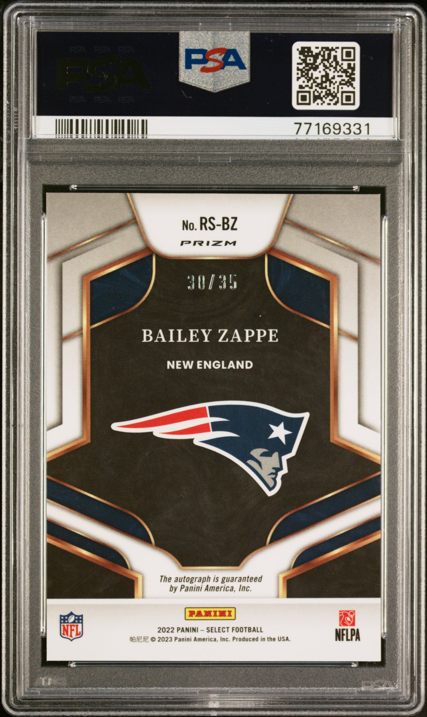 2022 Panini Select White Prizm Bailey Zappe #RSBZ RC Auto /35 PSA 8