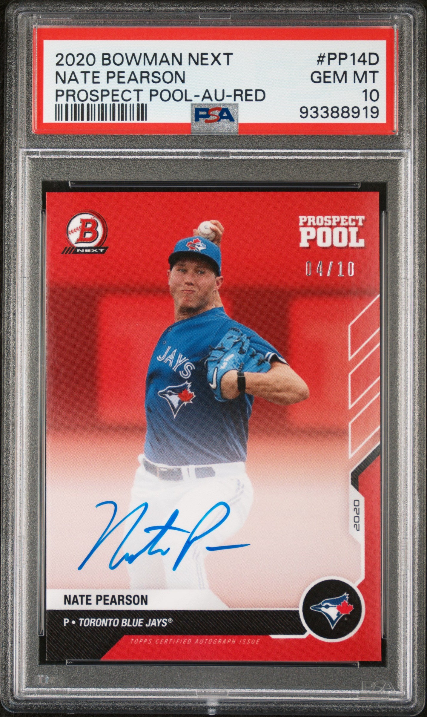 2020 Bowman Next Prospect Pool Autograph Red Nate Pearson 04/10 #PP14D PSA 10