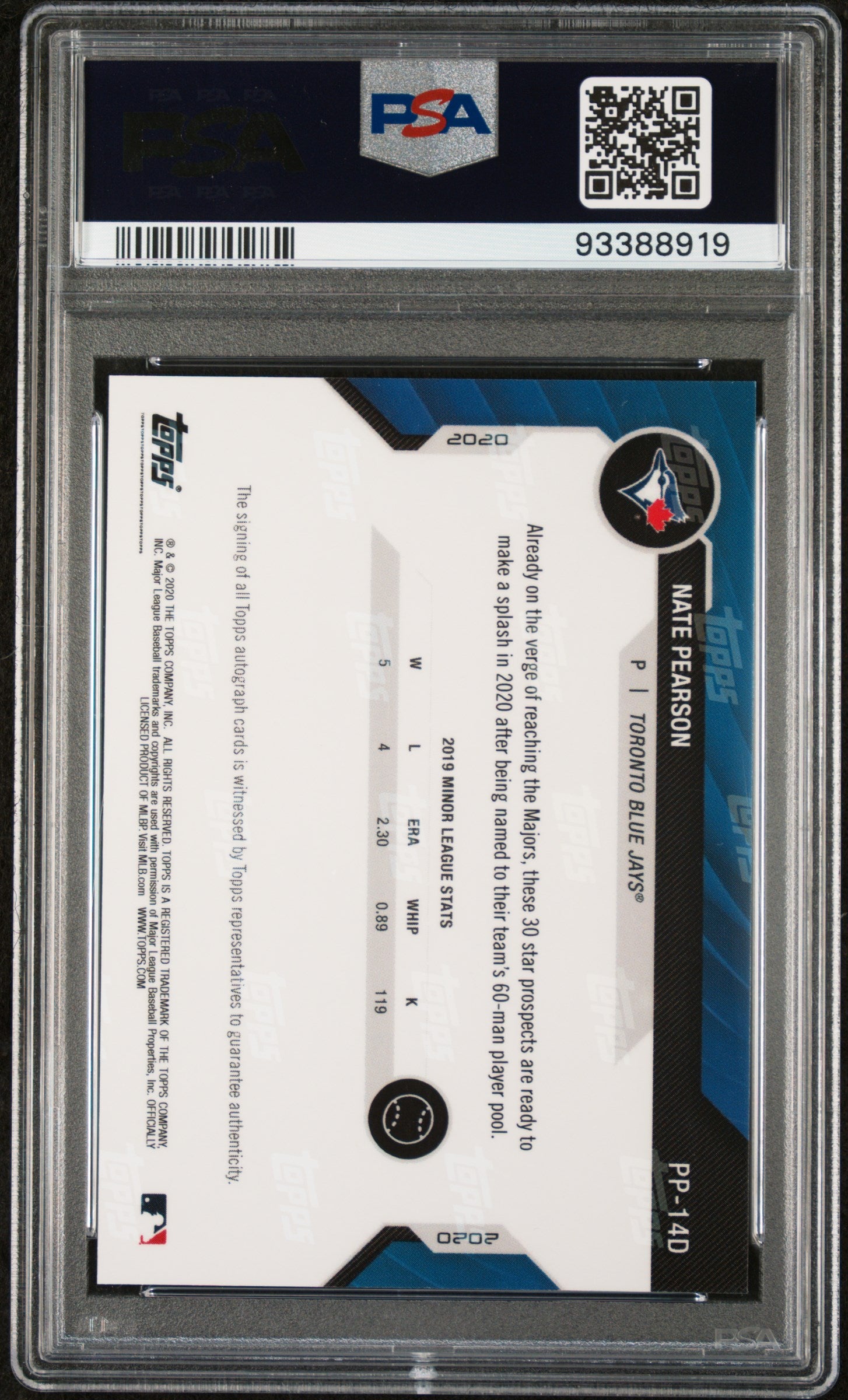 2020 Bowman Next Prospect Pool Autograph Red Nate Pearson 04/10 #PP14D PSA 10